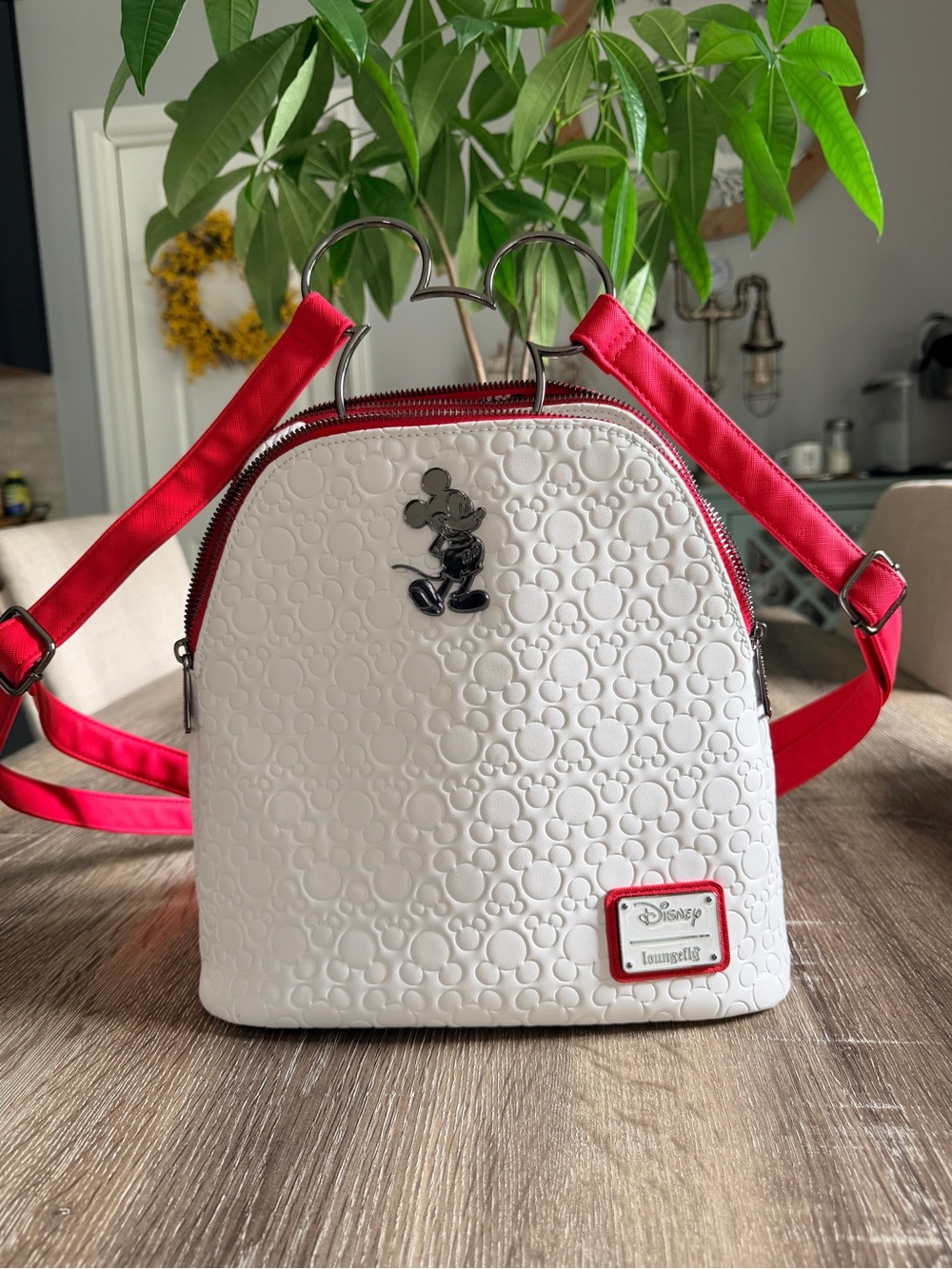 Loungefly White Embossed Mickey Backpack with Red Straps
